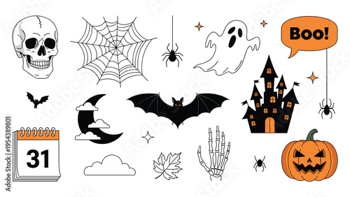 Collection of traditional halloween icons featuring a spooky haunted house spooky ghost carved pumpkin and a human skull on white background.