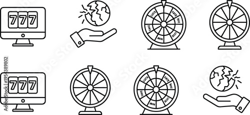 Gambling and risk icons set slot machine lucky wheel fortune symbols line vector illustration collection isolated on white background design