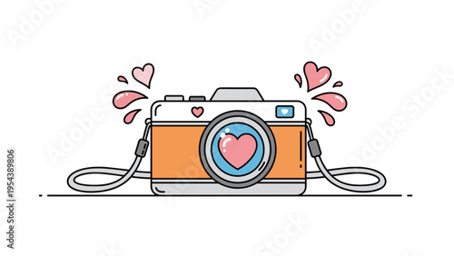 Retro photo camera illustration with floating pink hearts and decorative water splashes symbolizes love for photography and captures special moments.