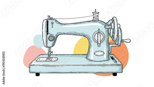 Detailed vintage sewing machine illustration with soft colored abstract shapes in the background representing craftsmanship and fashion design history.