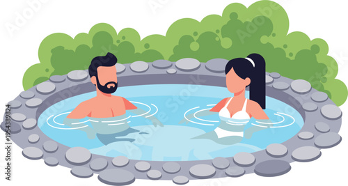 Illustration of two people relaxing in outdoor hot tub surrounded by stones and greenery, artwork concept for wellness, spa, leisure, relaxation, lifestyle, and design projects