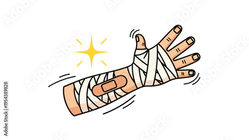 Illustration of a human arm and hand wrapped in medical bandages with a plaster and a glowing star symbol showing recovery and healthcare healing.