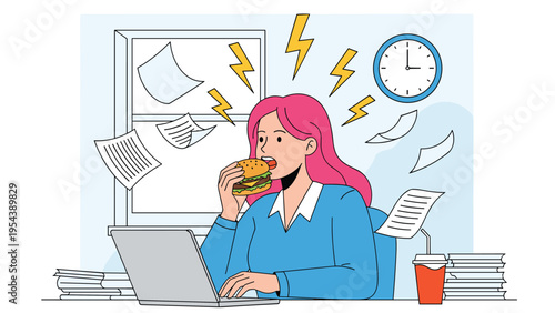 Stressed businesswoman eating a fast food burger at her desk while working under pressure with papers flying around and a ticking clock in office.