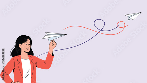 Young woman in an orange blazer throwing paper planes into the sky representing creativity freedom and launching new ideas in a business context.