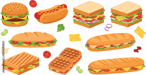 Sandwich and fast food set with burgers hot dog and grilled panini, delicious street food collection with fresh ingredients vector illustration