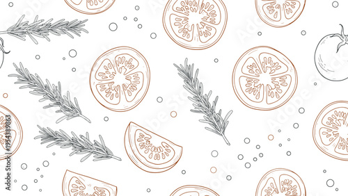 Elegant seamless pattern featuring hand drawn sketches of sliced tomatoes and rosemary sprigs creating a natural and organic culinary background art.