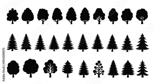 Large collection of black tree silhouettes including pine fir deciduous and oak species isolated on white background for nature landscape design
