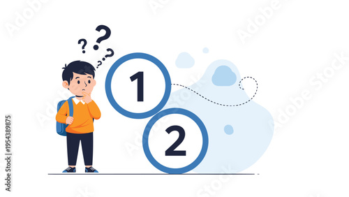 Young school boy with a backpack looking confused while choosing between two options numbered one and two in a conceptual decision making scene.