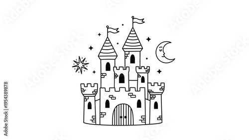 Black and white line art of a whimsical fairy tale castle with towers flags stars and a smiling crescent moon in a magical night sky scene.