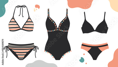 Stylish collection of women swimwear featuring a bikini a one piece swimsuit and a bra with high waisted bottom in a modern fashion display.