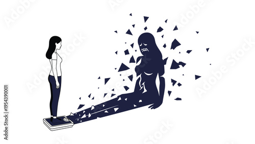 Woman standing on a weighing scale looking at her own shadow which appears sad and crumbling into small pieces.