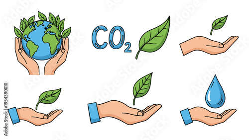 Set of environmental icons including hands holding the earth, a water droplet, a green leaf, and CO2 lettering.
