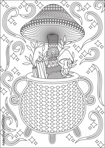 Magical Concoction Diamond Mushroom Leaf Magic Posion Coloring Page for Adult Fantasy Art Vector