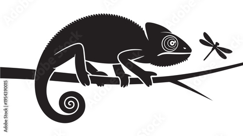 Black Chameleon and Dragonfly Stylized Silhouette Minimalist Graphic in High Contrast Black and White Vector Illustration for Wildlife Design.
