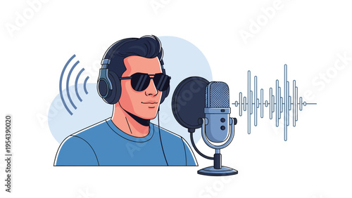 Man wearing sunglasses and headphones speaking into a professional studio microphone with a sound wave graphic behind him.