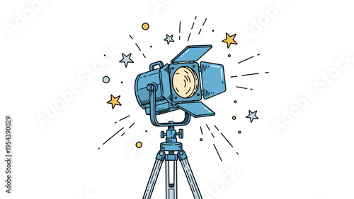 Blue professional studio spotlight on a metal tripod with glowing stars and decorative dots representing fame and cinema.