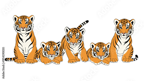 Five adorable tiger cubs with orange and black stripes sitting and lying in a row against a plain white background.