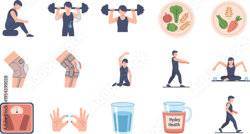 Healthy lifestyle fitness icons set vector illustration with exercise workout nutrition hydration weight monitoring and wellness activities for daily routine care