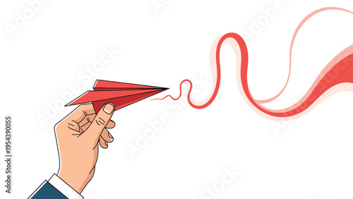 Hand holding a red paper airplane with a trailing decorative line representing flight travel and creative imagination.