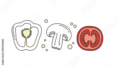 Slices of fresh vegetables including a white bell pepper a white mushroom and a red tomato on a white background.