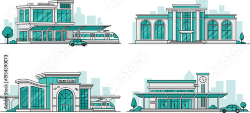Illustration set of four railway stations in diverse architectural styles with trains, cars, trees, and urban backgrounds, transportation infrastructure artwork for design and planning projects.