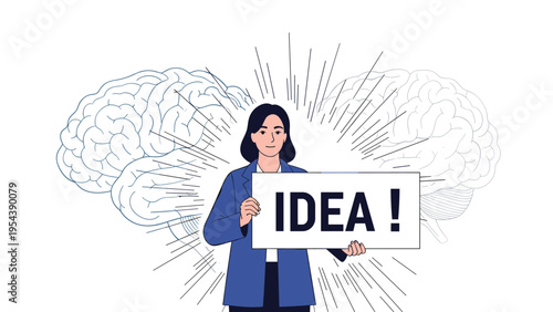 Smiling woman holding a sign that says IDEA with detailed brain illustrations in the background representing creativity.