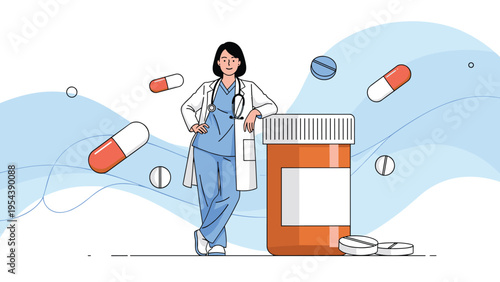 Female doctor in a white coat leaning against a huge medicine bottle with colorful pills and capsules flying in the air.