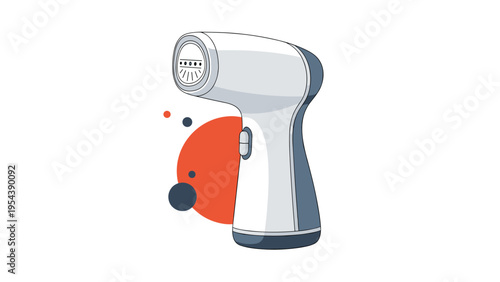 Handheld garment steamer used for removing wrinkles from clothes shown with abstract orange and blue circular shapes.