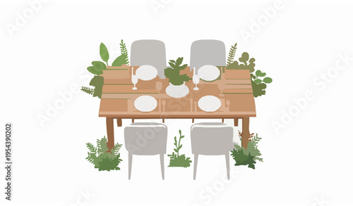 plants in pots Garden Dining Table Outdoor Furniture Scene Vector Illustration
