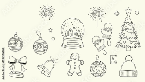 Collection of hand drawn winter and Christmas doodles includes ornaments a snow globe mittens and a decorated tree.