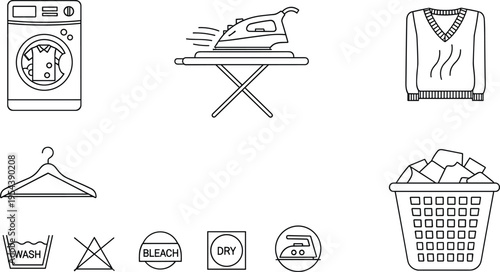 Laundry and clothing care icons set vector illustration with washing machine ironing board sweater hanger basket and fabric care symbols outline