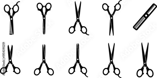 Barber scissors silhouettes set with hair cutting shears and comb icons professional salon tools vector