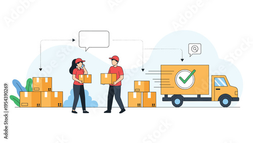 Logistics and delivery concept illustration shows workers managing boxes and a shipping truck with a check mark.