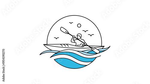 Minimalist line art illustration shows a person paddling a kayak through ocean waves under a bright shining sun.