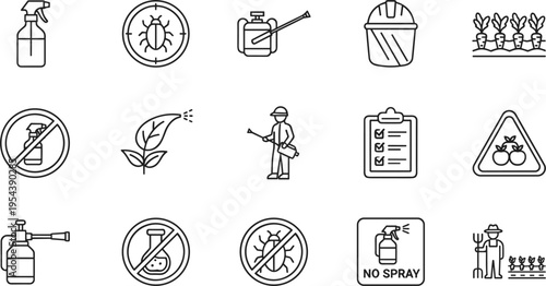 Pesticide and agriculture icons set pest control farming spray safety symbols line vector illustration collection isolated on white background design
