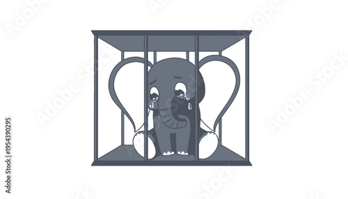 An elephant cartoon character trapped in a small metal cage illustration