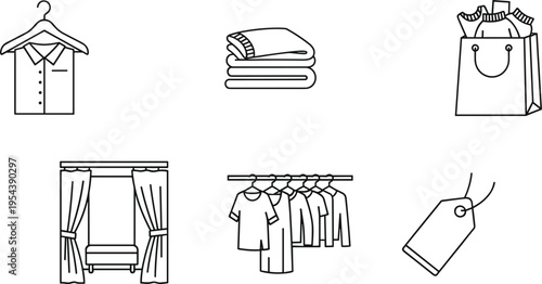 Retail clothing store icons set vector illustration with hanger folded clothes shopping bag fitting room rack price tag and apparel outline