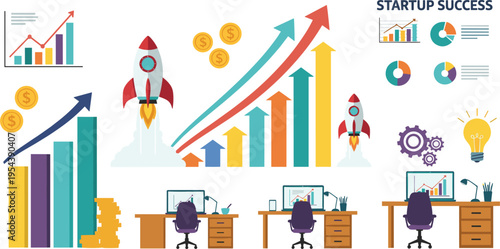 Startup success concept vector illustration with rocket launch business growth charts financial progress teamwork office analytics and entrepreneurial development elements