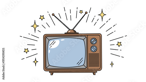 Retro television set with rabbit ear antennas is surrounded by twinkling stars and radiating lines of light.