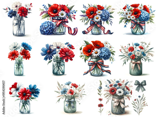 4th of July Trio Flowers Jar Clipart Bundle