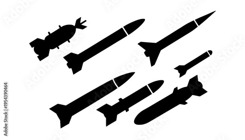 Missile silhouette icons for military and defense concepts