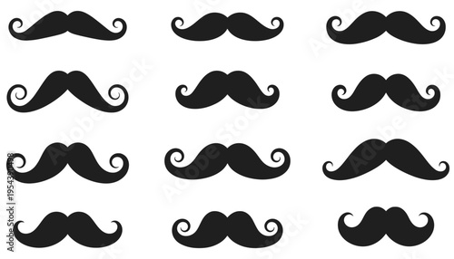 A set of black mustache vector silhouettes on a white background
