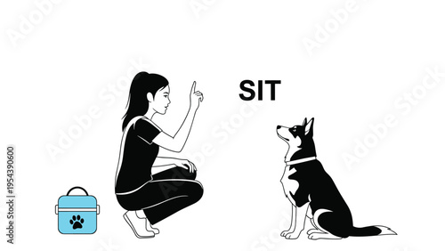 Young woman teaches her black and white dog to sit using hand signals and treats in a simple training session.