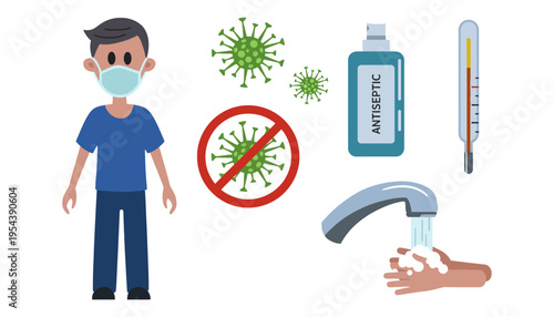 Coronavirus protection vector illustration with man wearing face mask and hygiene products