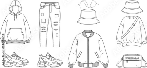 Streetwear clothing icons set vector illustration with hoodie jeans jacket sneakers hat bag and urban fashion apparel outline collection elements