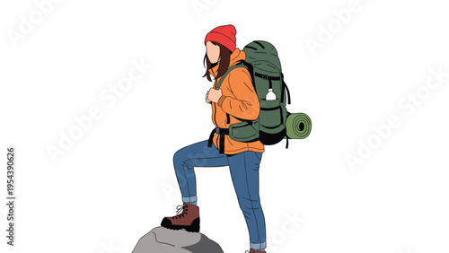 Young female hiker with a large green backpack standing on a mountain rock looking at the beautiful scenic landscape view.