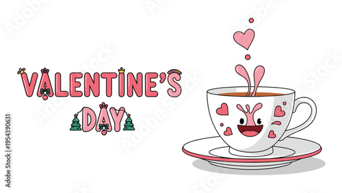 Happy Valentine Day greeting card with cute smiling tea cup splashing heart shaped tea and romantic pink heart floating.