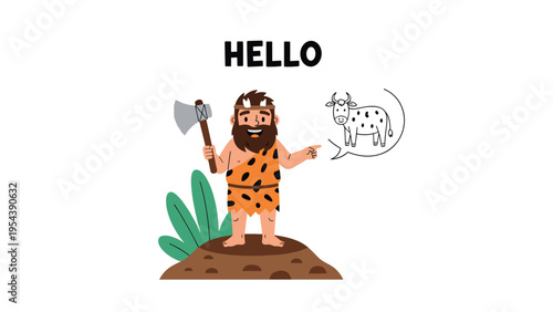Cartoon caveman holding a stone axe and pointing to a cow thought bubble suggesting prehistoric hunting or farming ideas.