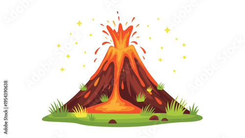 Erupting volcano with hot orange lava flowing down the mountain slopes under a starry sky with green grass and vegetation.