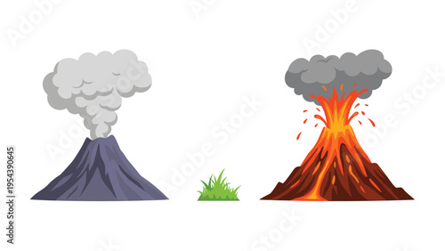 Comparison between a dormant smoking volcano and an active erupting volcano with red hot lava flowing down the rocky sides.